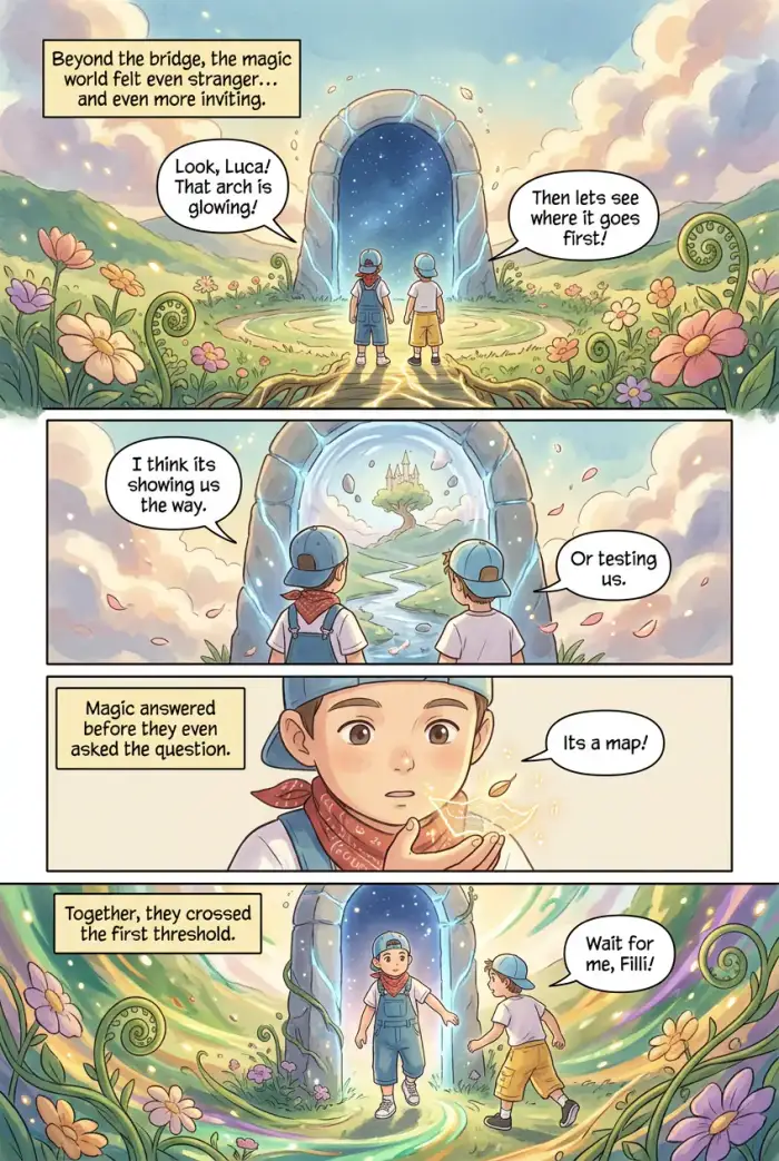 Pagina 2 del fumetto Fantasy Anime "Luca & Filli: A Magic Trip" creato con myComics.ai
