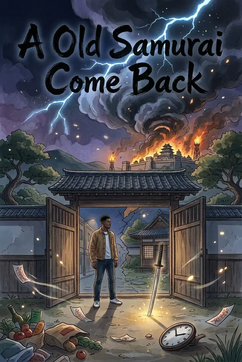 Copertina fantasy anime “A Old Samurai Come Back”: un uomo davanti al cancello aperto di un’antica tenuta giapponese, sotto un cielo in tempesta