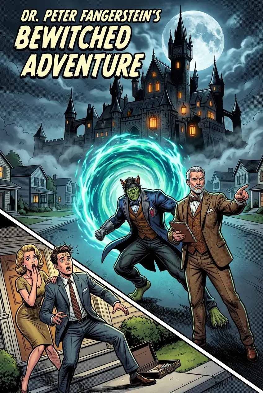 Copertina del fumetto Superhero "Dr. Peter Fangerstein's Bewitched Adventure" creato con myComics.ai