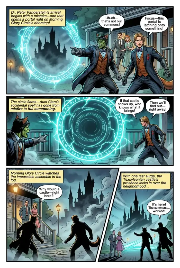 Pagina 1 del fumetto Superhero "Dr. Peter Fangerstein's Bewitched Adventure" creato con myComics.ai