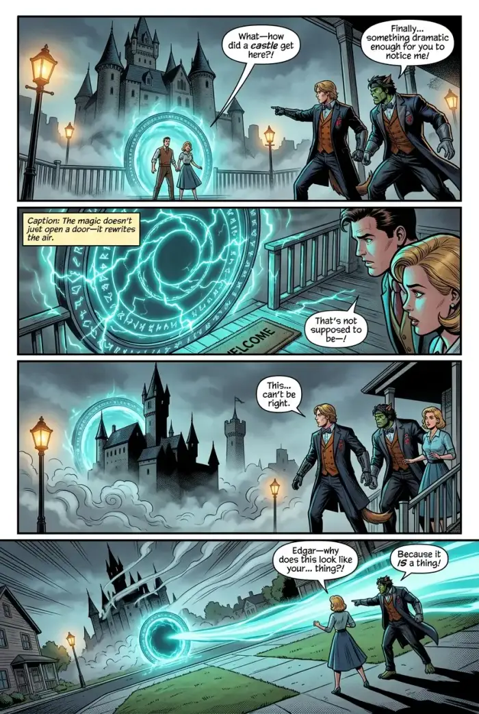 Pagina 2 del fumetto Superhero "Dr. Peter Fangerstein's Bewitched Adventure" creato con myComics.ai