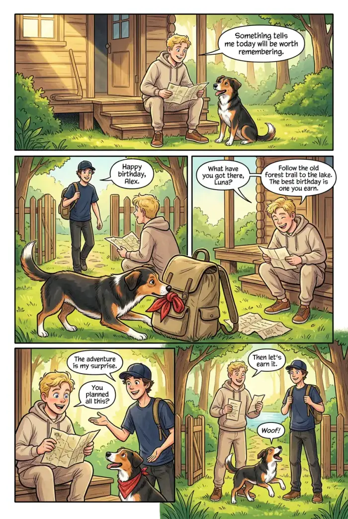 Pagina 1 del fumetto Cartoon "Happy birthday" creato con myComics.ai