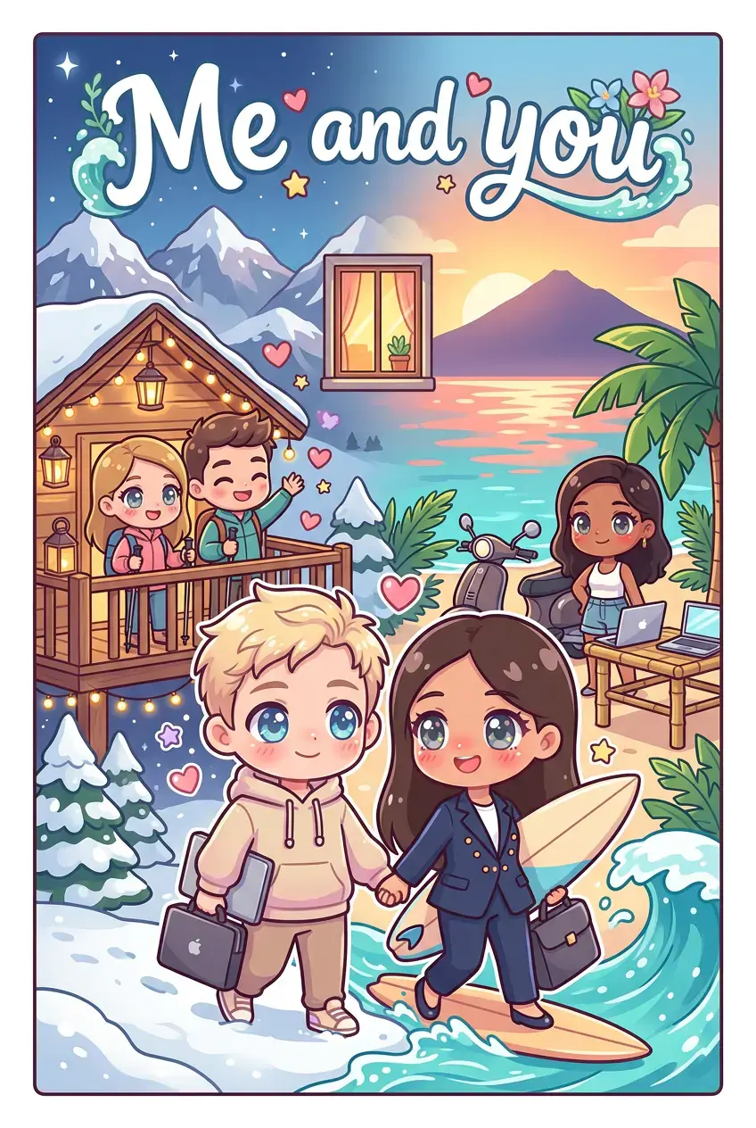 Comiccover im Chibistil: ein Paar Hand in Hand, auf der einen Seite eine verschneite Berghütte, auf der anderen ein tropischer Strand mit Surfbrett