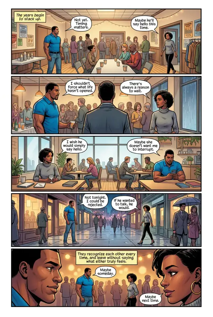 Inside page of a comic made with myComics: a man and a woman cross paths in cafes and streets over the years, with speech bubbles