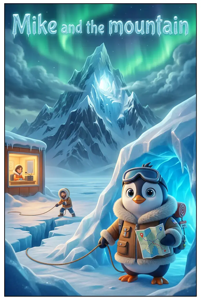 Buchcover „Mike and the mountain“: Ein Pinguinforscher mit Karte unter einem verschneiten Gipfel und Nordlichtern