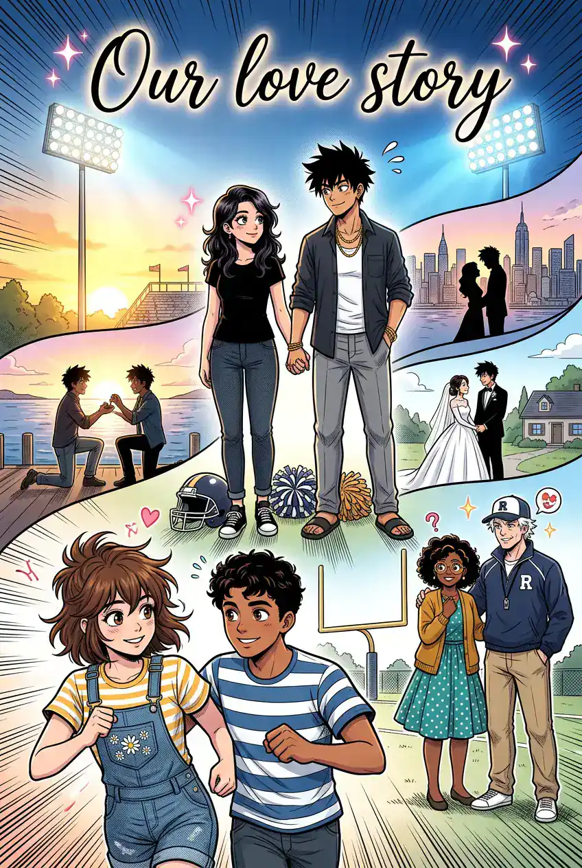 Comiccover in Panels aufgeteilt: ein Paar Hand in Hand unter Stadionlichtern, ein Antrag am See, eine Hochzeit vor einem Haus und dasselbe Paar als Teenager