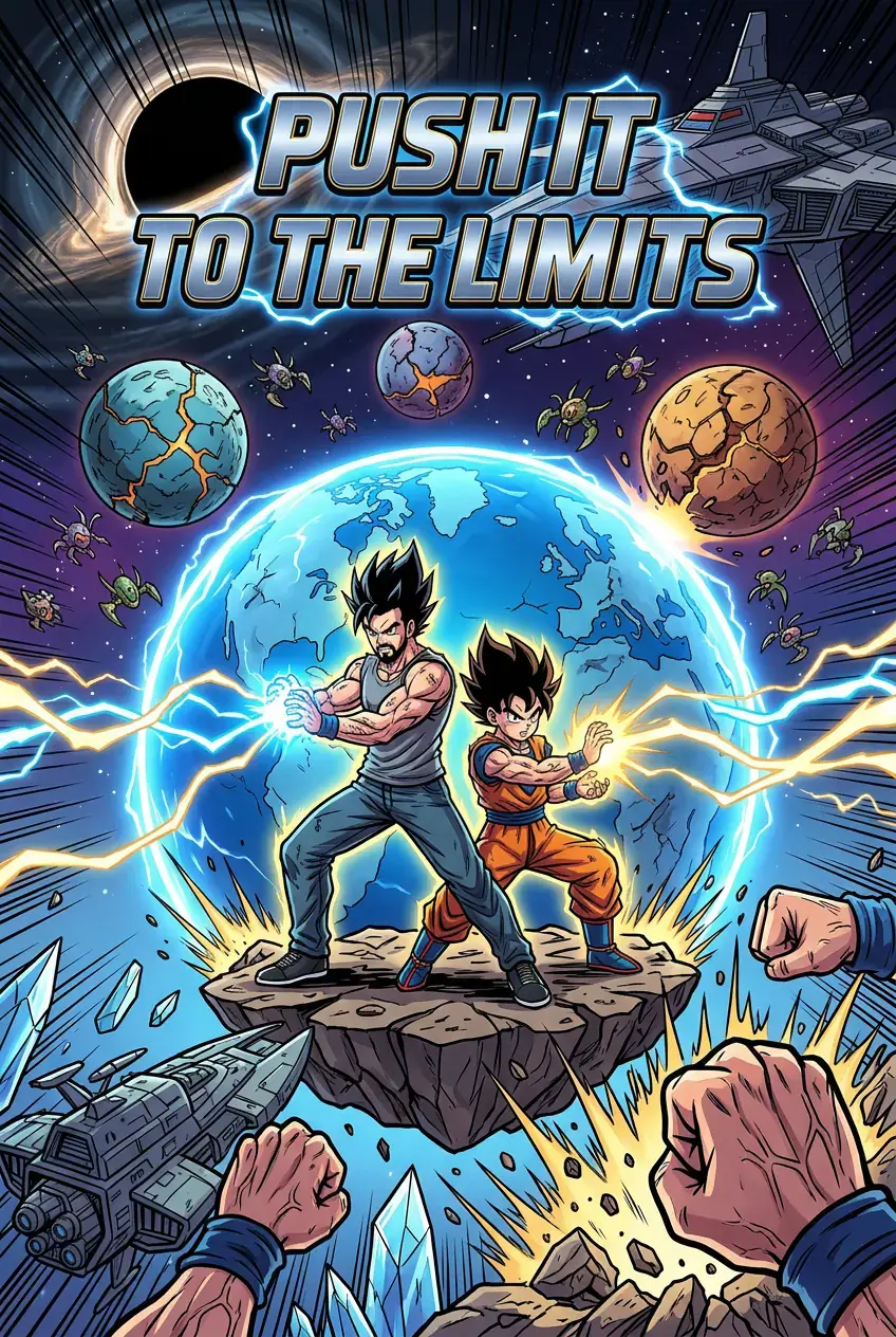 Copertina battle anime “Push it to the limits”: un padre e un figlio con i capelli a punta caricano energia su una roccia sospesa nello spazio