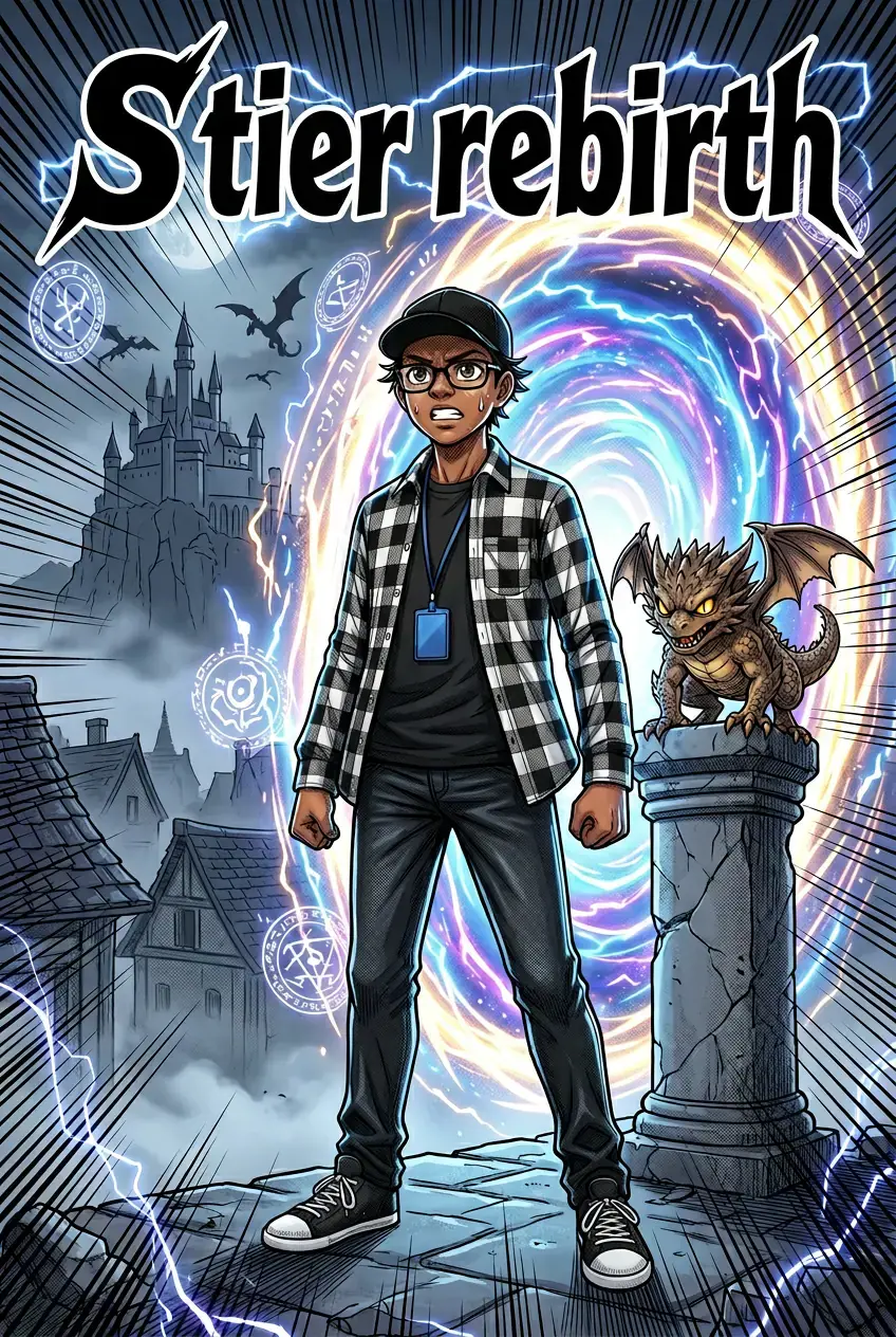 Copertina manga “S tier rebirth”: un ragazzo con occhiali e cappellino davanti a un portale magico vorticante