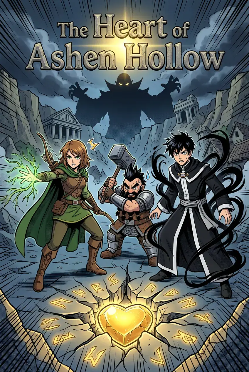 Copertina manga “Il cuore di Ashen Hollow”: un’arciera elfa, un nano e un eroe in cappotto nero sopra un cuore dorato luminoso