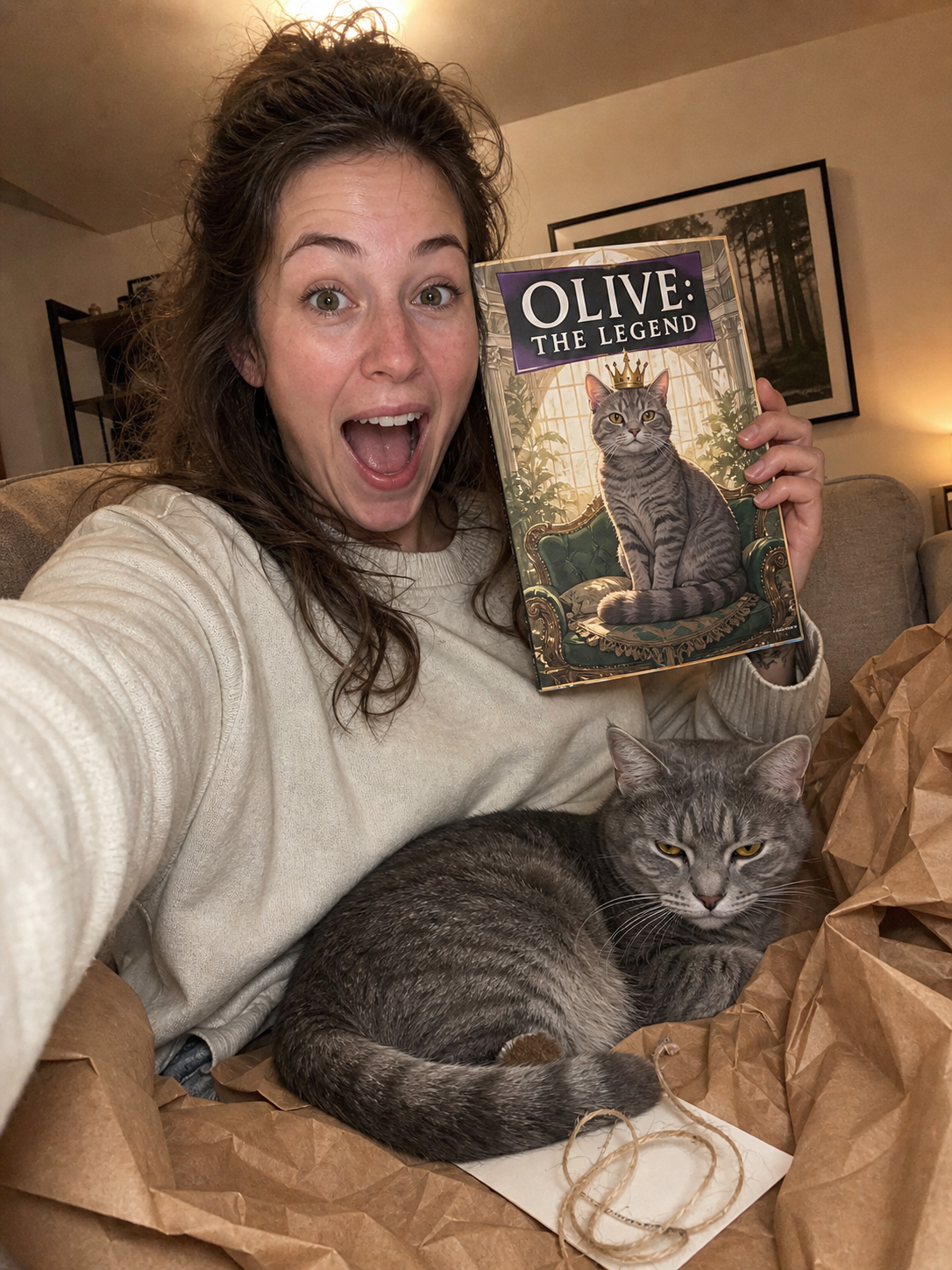 Hannah K. holding their printed pet comic