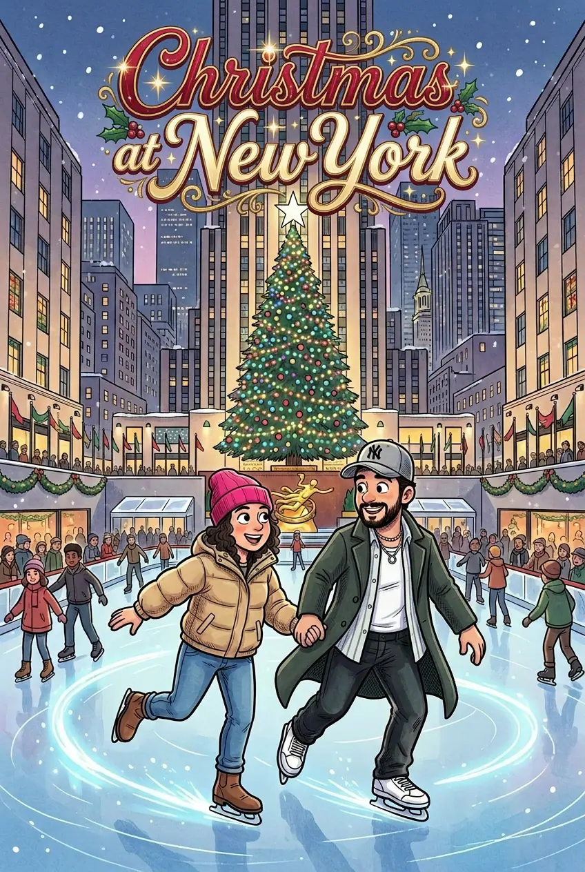 Travel comic book cover with passport stamps and adventure scene