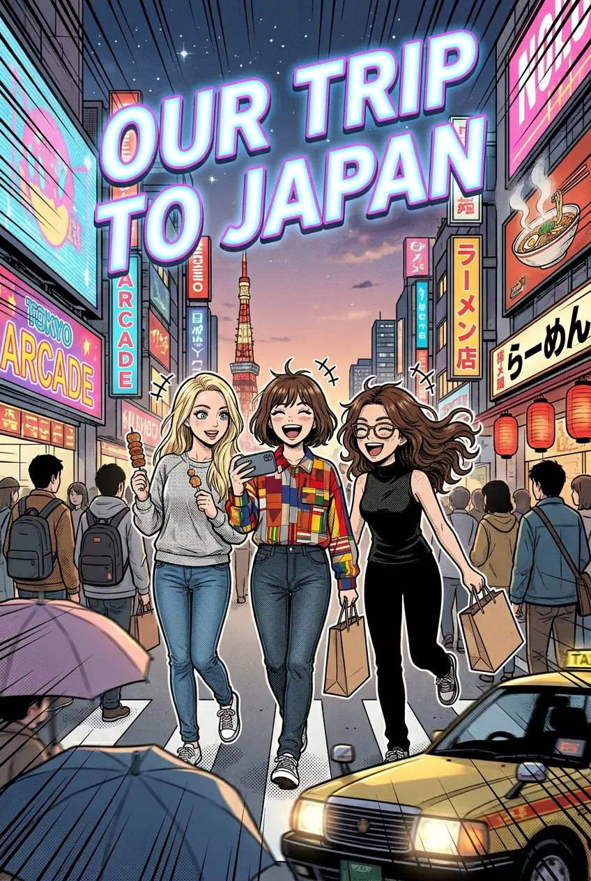 Adventure-themed travel comic cover with mountains and skyline