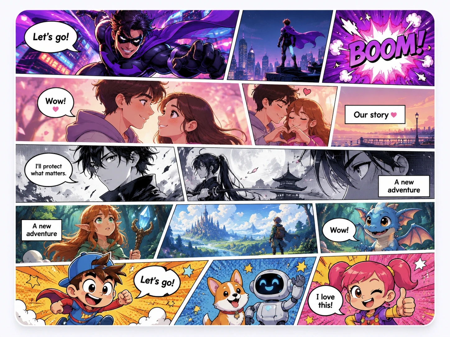 Editing a full personalized comic book in the myComics.ai app, with a printed copy alongside