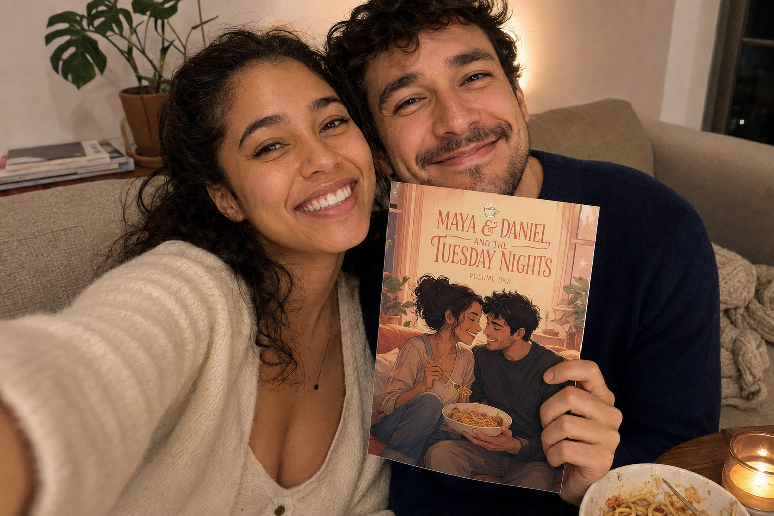Maya R. with their printed couples comic