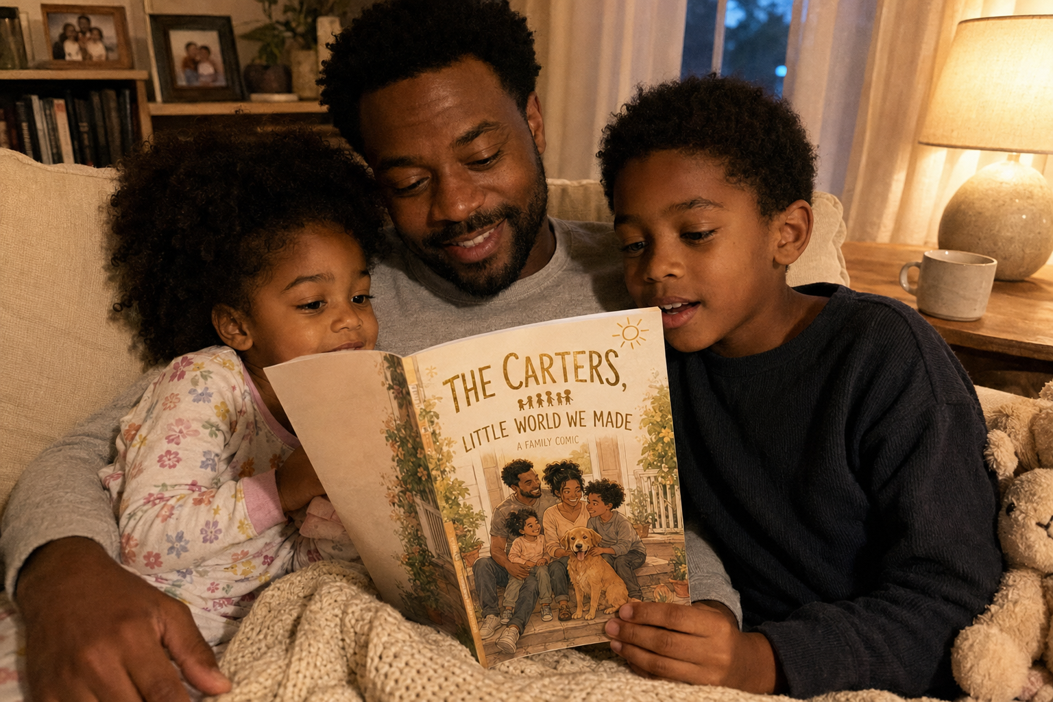 Tia C. with their printed couples comic