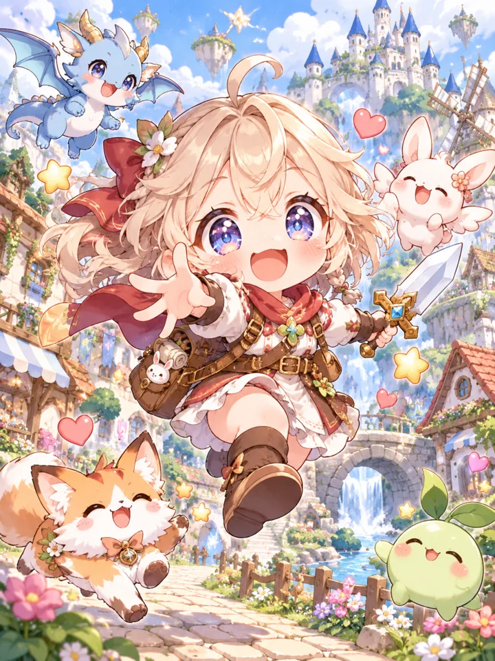 Ein kleines Mädchen im Chibistil rennt mit einem Babydrachen, einem Fuchs und einem Häschen