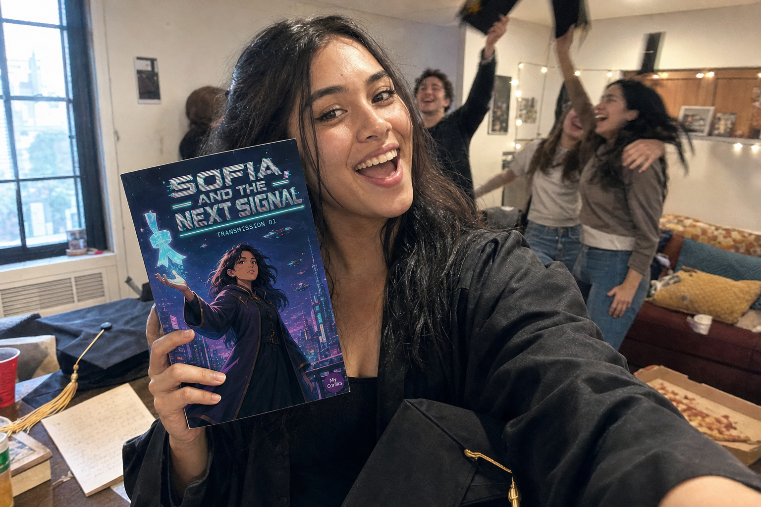 Sofia M. holding their printed graduation comic