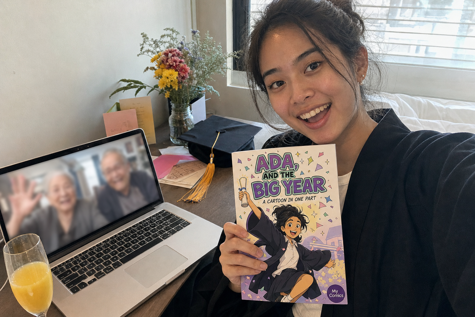 Ada N. with their printed graduation comic