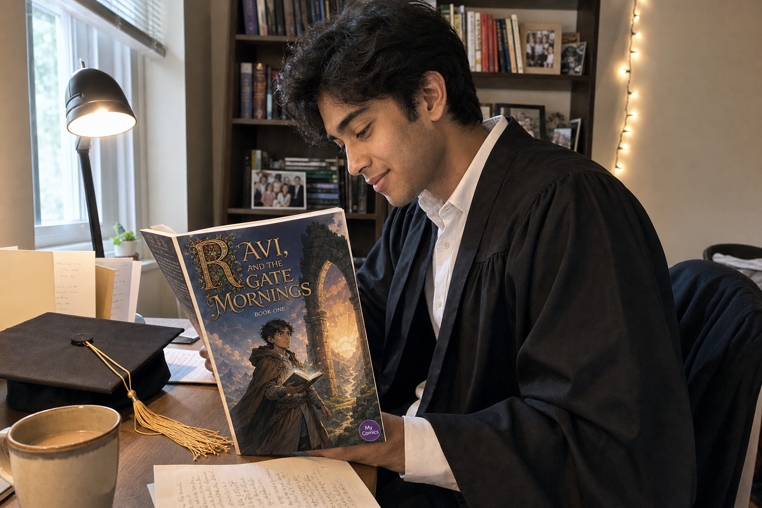 Ravi S. with their printed graduation comic
