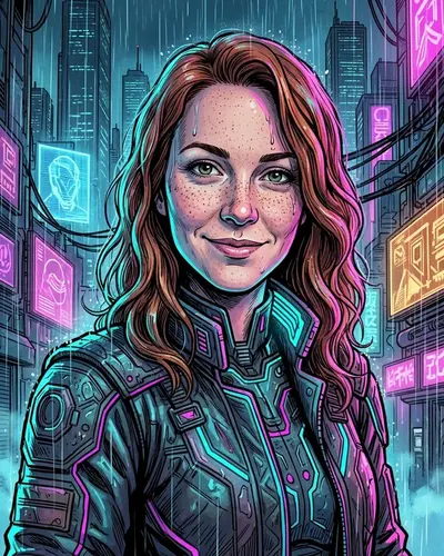 The same woman drawn as a comic character in Cyberpunk style