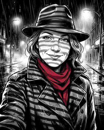 The same woman drawn as a comic character in Detective noir style