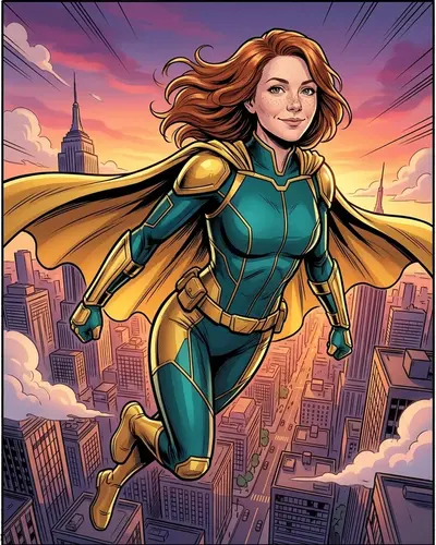 The same woman drawn as a comic character in Superhero style