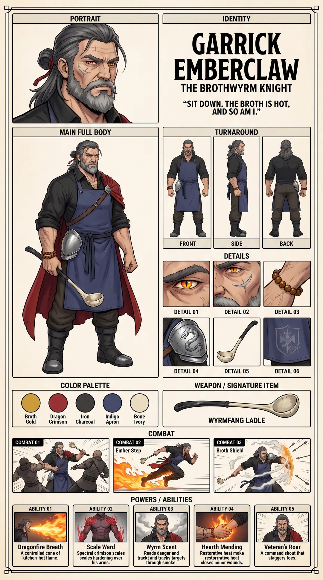 Tavola di design OC di Garrick Emberclaw, The Brothwyrm Knight: un ex cavaliere dei draghi con la barba grigia, grembiule da ramen e mestolo in mano