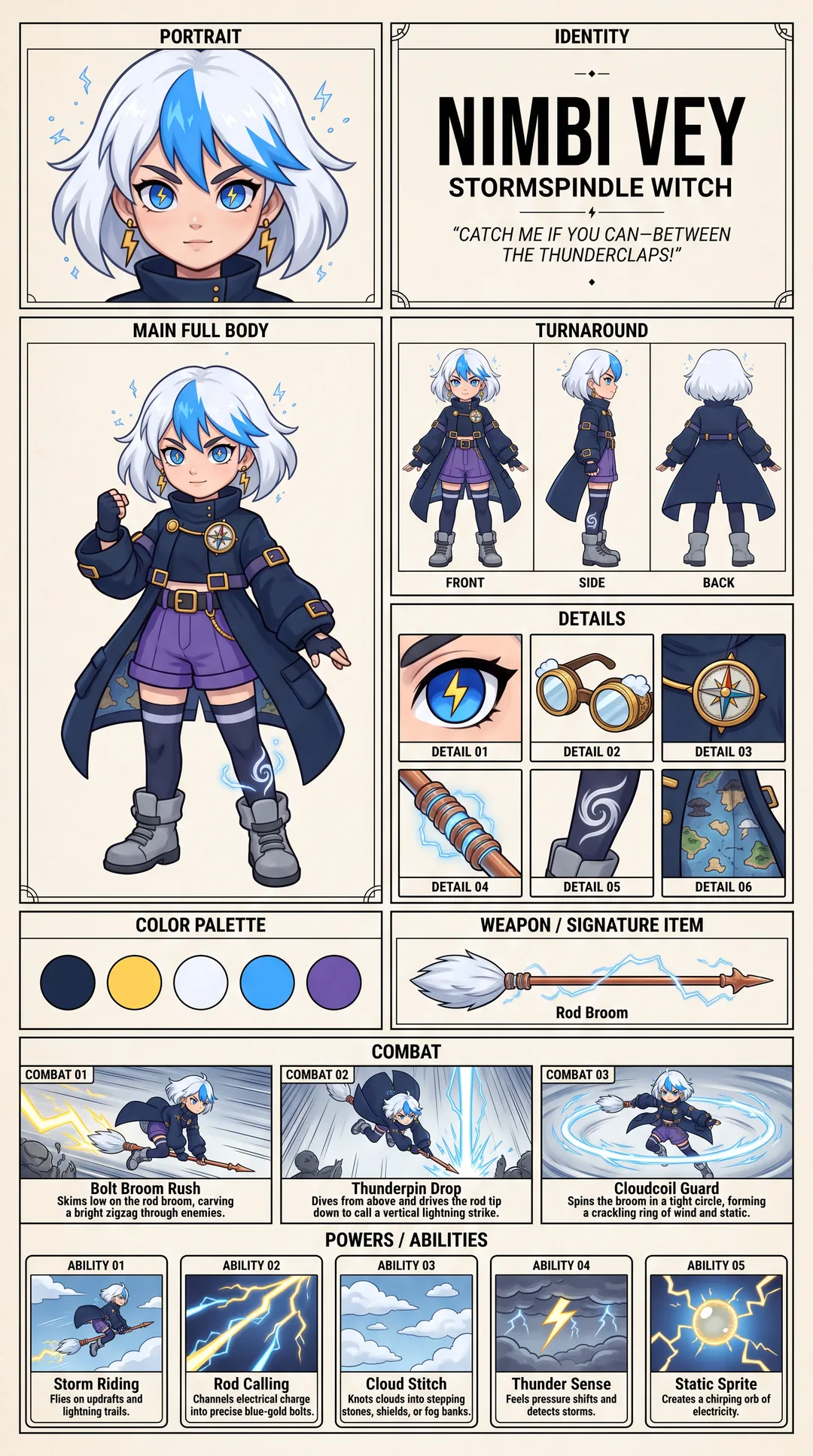 Tavola di design OC di Nimbi Vey, Stormspindle Witch: una giovane strega con capelli bianchi e azzurri, cappotto blu notte e una scopa fatta con un parafulmine