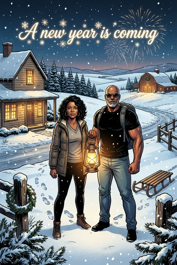Weihnachtliches Comicbuchcover, „Ein neues Jahr beginnt“: ein Paar mit Laterne im Schnee an Silvester