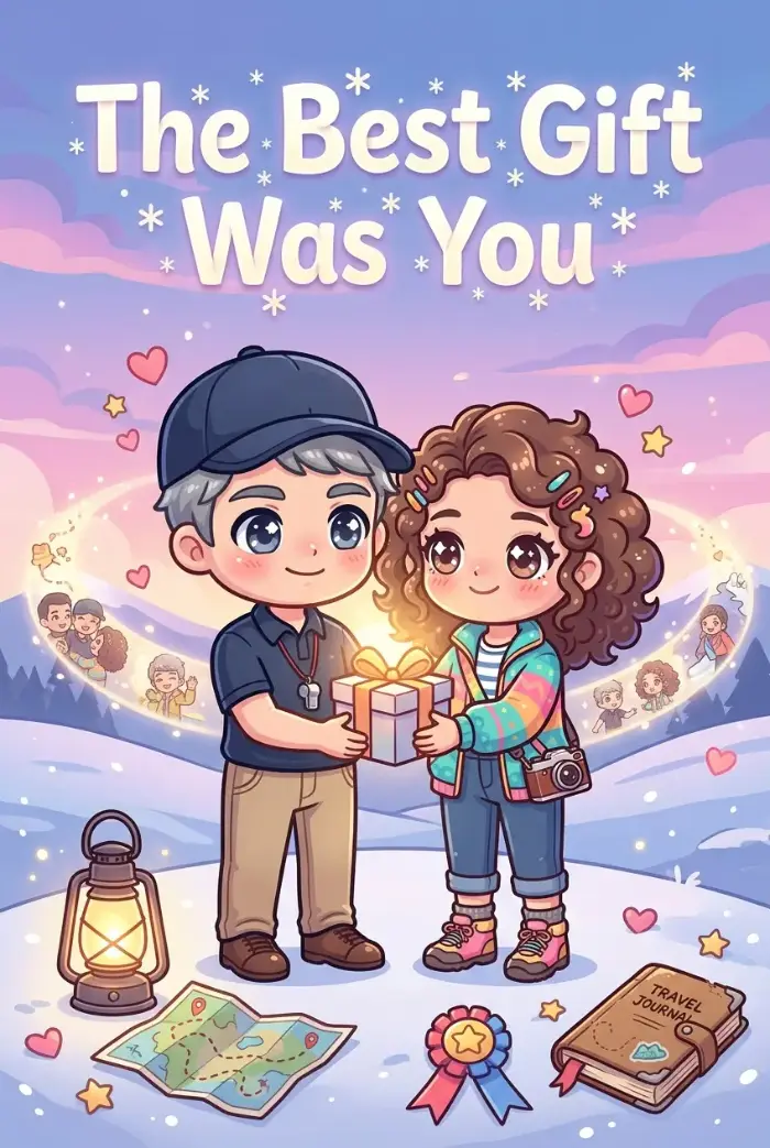 Weihnachtliches Comicbuchcover, „Das schönste Geschenk warst du“: ein Paar tauscht im Schnee ein leuchtendes Geschenk