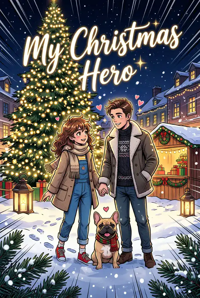 Weihnachtliches Comicbuchcover, „Mein Weihnachtsheld“: ein Paar mit Hund unter dem Christbaum der Stadt