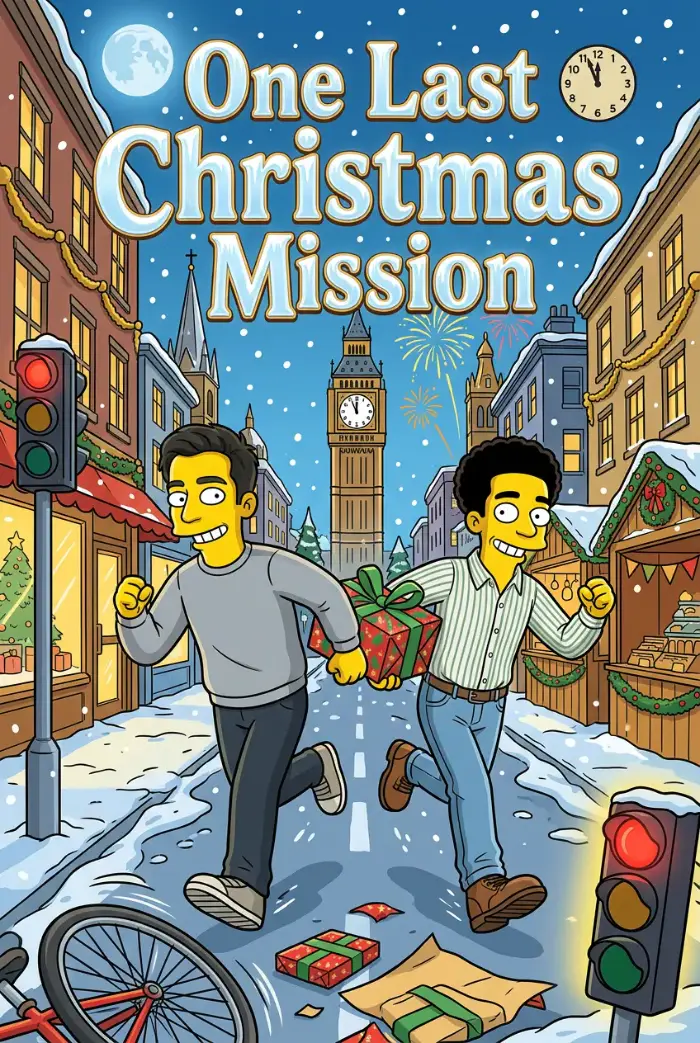 Weihnachtliches Comicbuchcover, „Eine letzte Weihnachtsmission“: zwei Freunde bringen ein Geschenk quer durch die Stadt