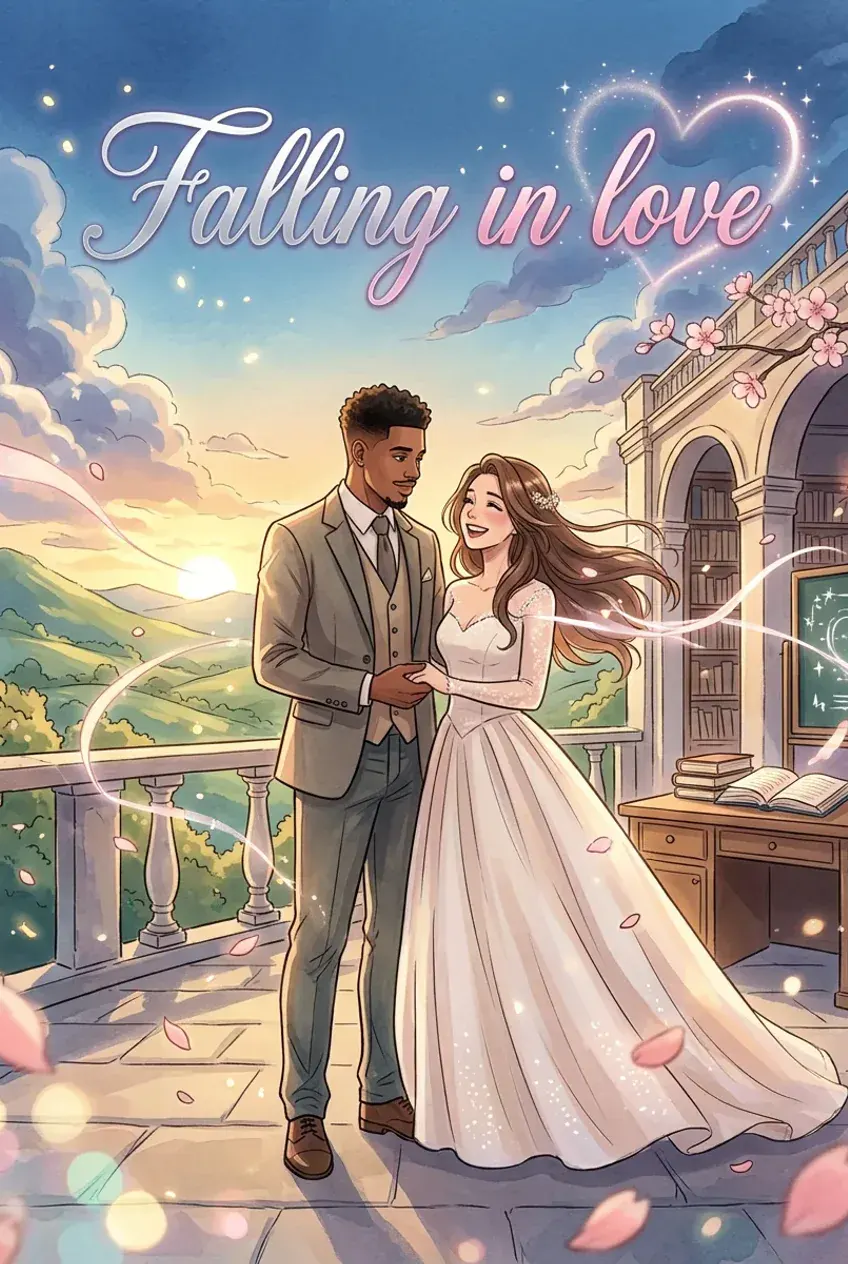 Couverture de BD de mariage, « Falling in Love » : la mariée en robe et le marié sur un balcon dominant les collines au coucher du soleil