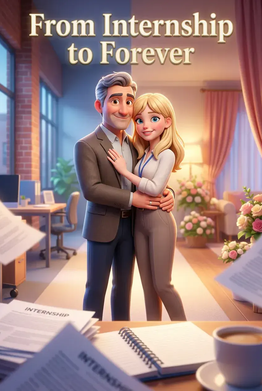 Couverture de BD de mariage, « From Internship to Forever » : le couple qui s’est rencontré au travail, enlacé entre le bureau et leur maison