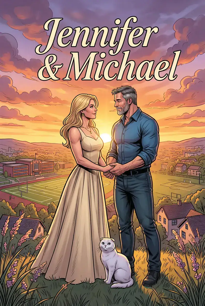 Couverture de BD de mariage, « Jennifer & Michael » : le couple main dans la main au coucher du soleil sur les hauteurs de la ville où ils ont grandi, leur chat à côté d’eux