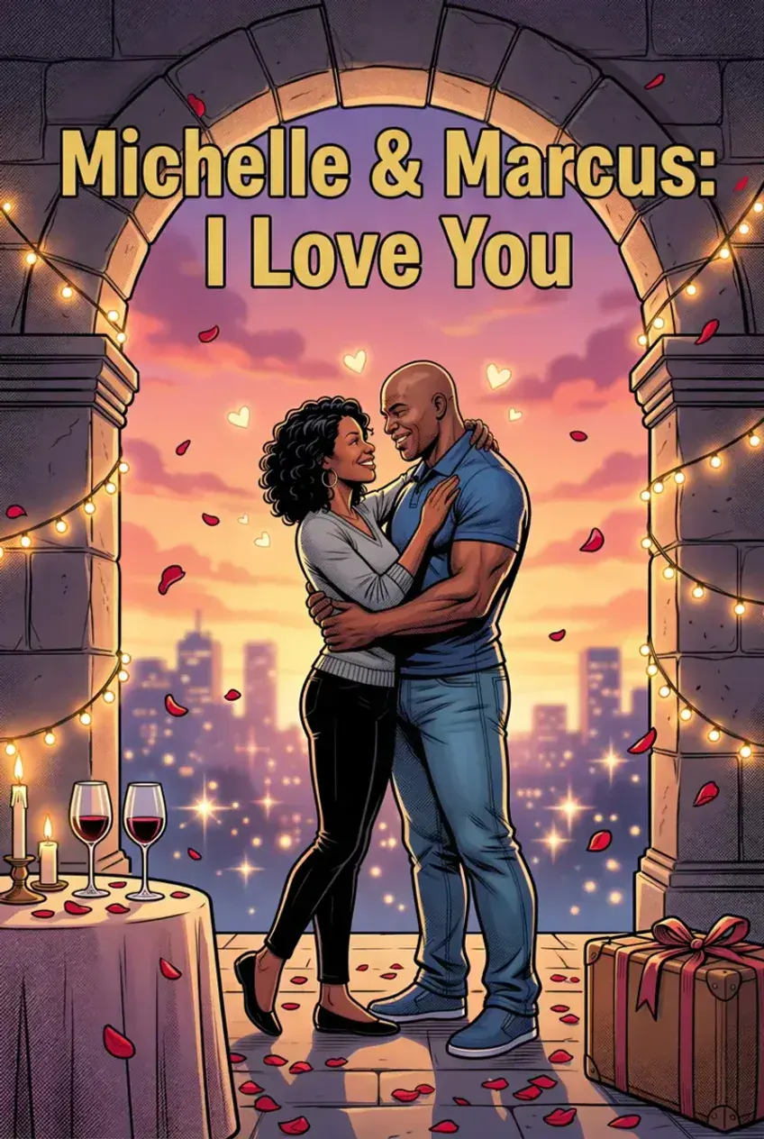 Couverture de BD de mariage, « Michelle & Marcus: I Love You » : le couple dansant sous une arche de pierre illuminée dominant la ville au coucher du soleil