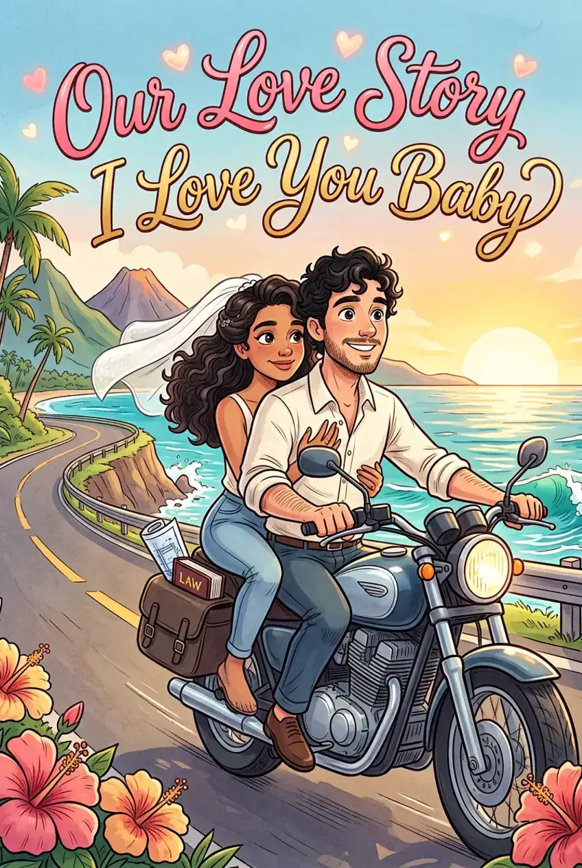 Couverture de BD de mariage, « Our Love Story: I Love You Baby » : les jeunes mariés à moto le long de la côte, son voile au vent