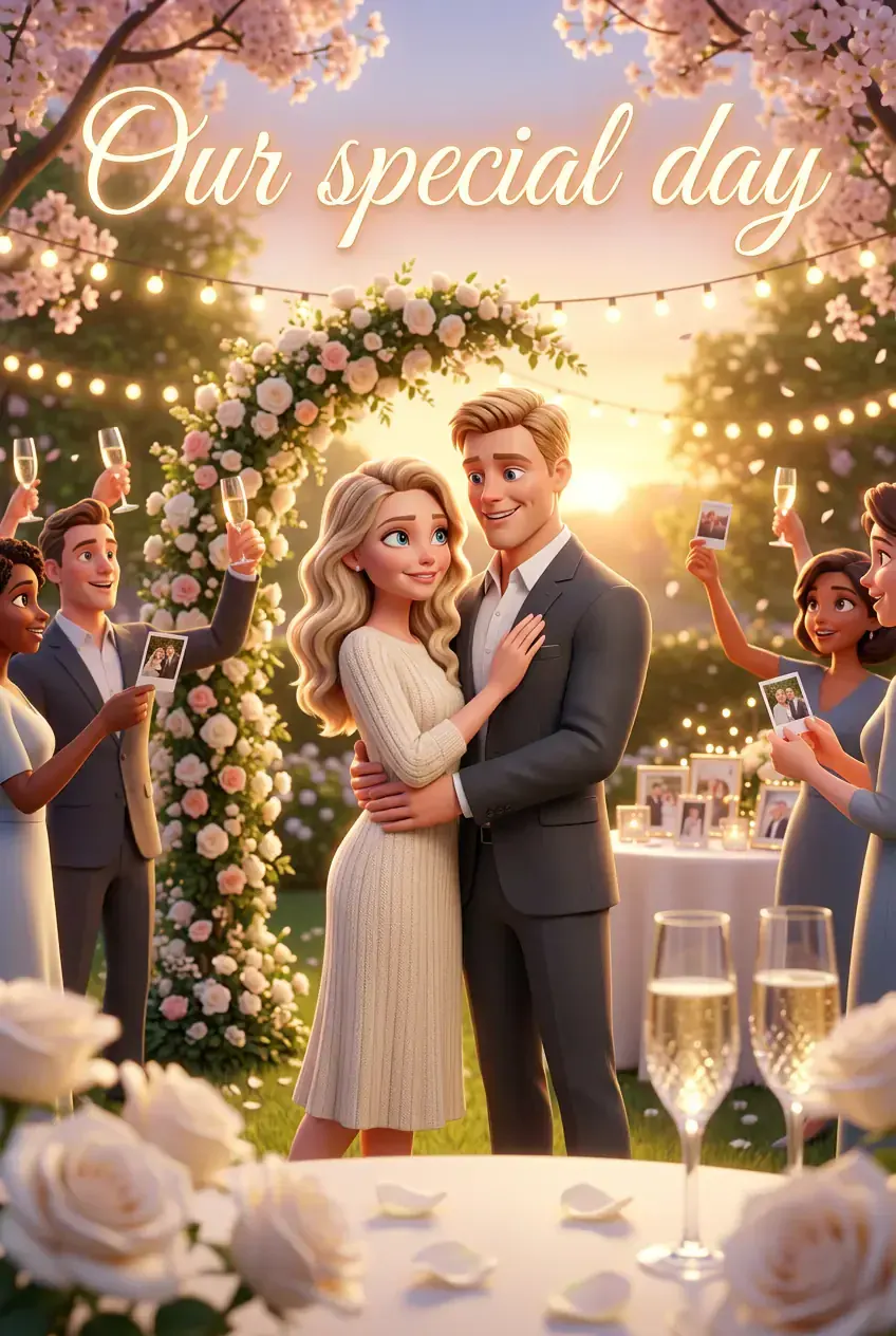 Couverture de BD de mariage, « Our Special Day » : le couple enlacé sous les fleurs pendant que les invités portent un toast