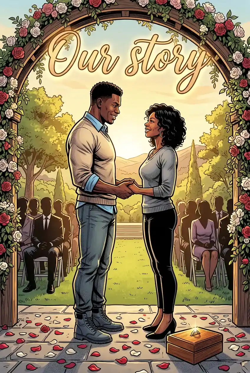 Couverture de BD de mariage, « Our Story » : le couple main dans la main sous une arche de roses, les alliances posées sur une boîte en bois