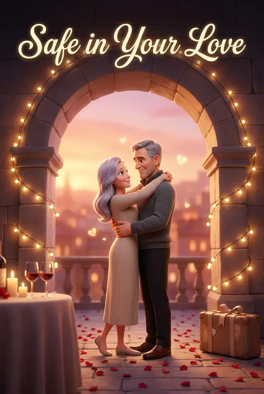 Couverture de BD de mariage, « Safe in Your Love » : le couple enlacé sur une terrasse éclairée aux bougies dominant les toits