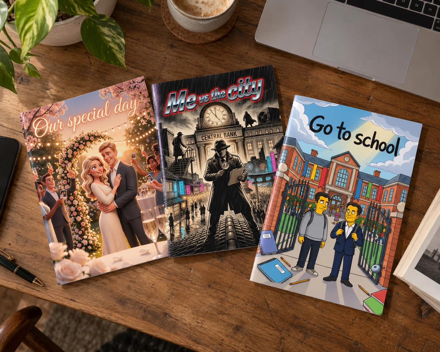 Three printed myComics books on a wooden desk: Our special day, Me vs the city and Go to school