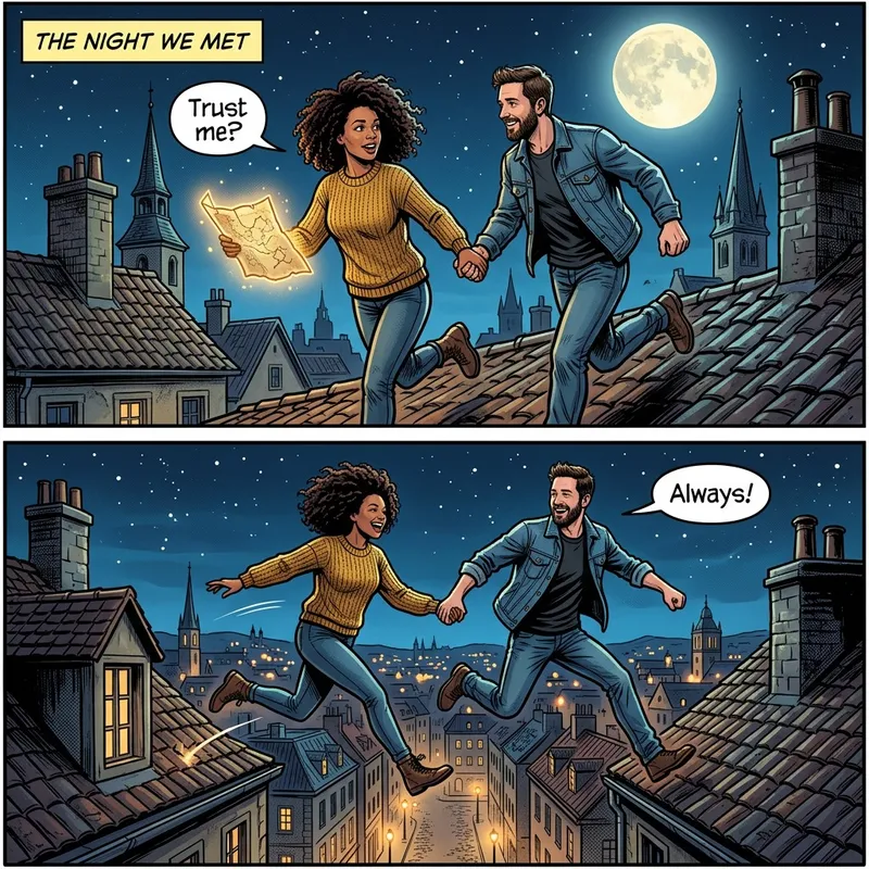 Two comic panels of a couple running across moonlit rooftops with a map, with a caption and speech bubbles