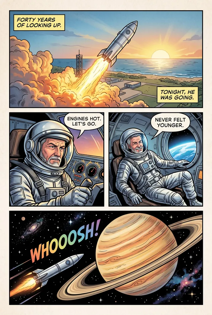 Comic page of a grey-haired man flying a rocket past Saturn, with captions and speech bubbles